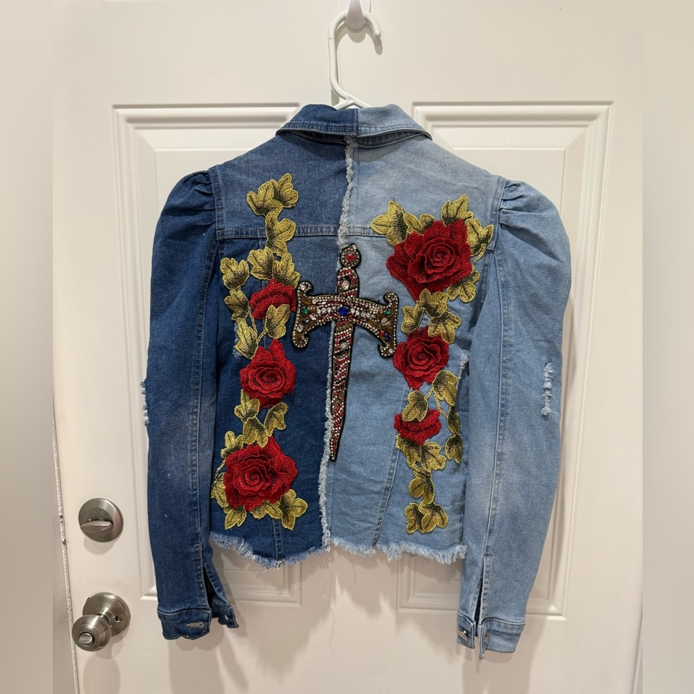 Denim 2-toned jacket embellished with rhinestones & Red Rose Appliqué